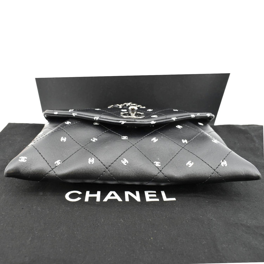 CHANEL CC Envelope Printed Lambskin Leather Chain Clutch Bag Black