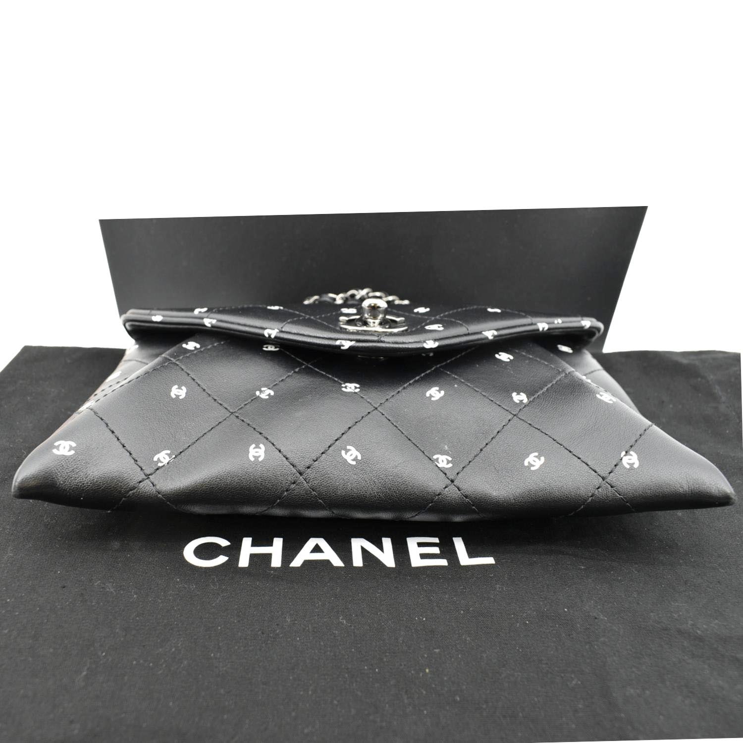 CHANEL CC Envelope Printed Lambskin Leather Chain Clutch Bag Black