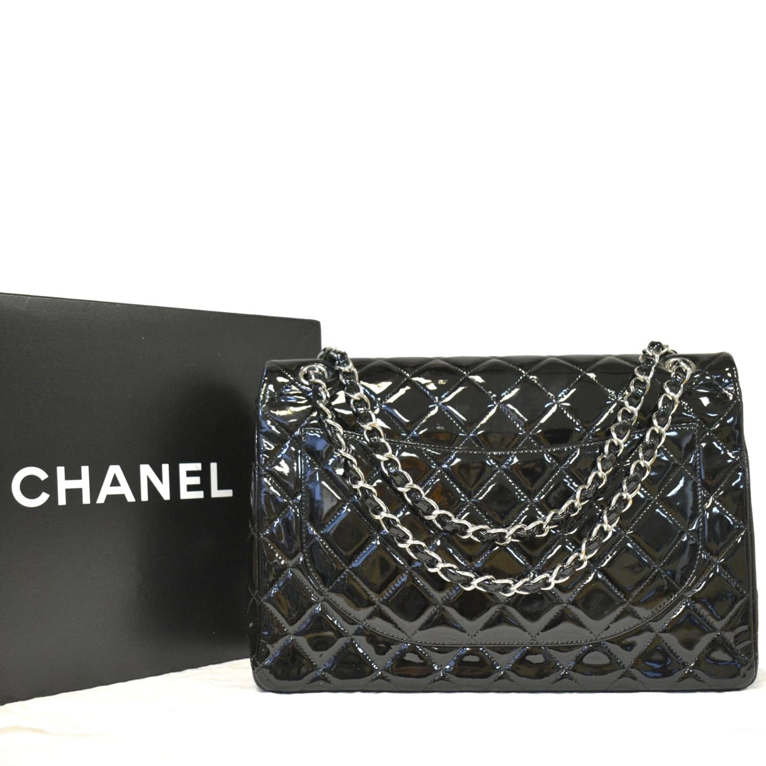 CHANEL Classic Maxi Double Flap Quilted Patent Leather Shoulder Bag Black