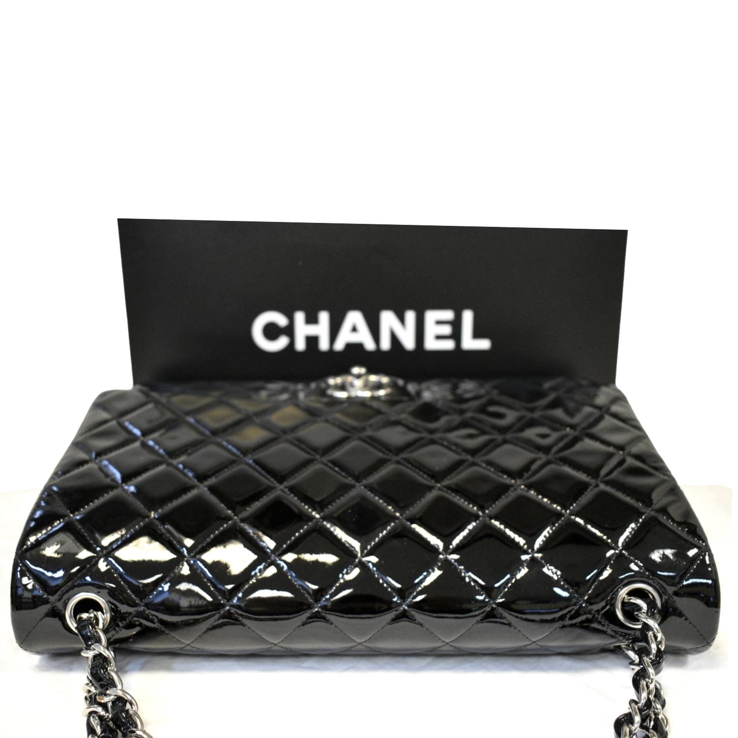CHANEL Classic Maxi Double Flap Quilted Patent Leather Shoulder Bag Black