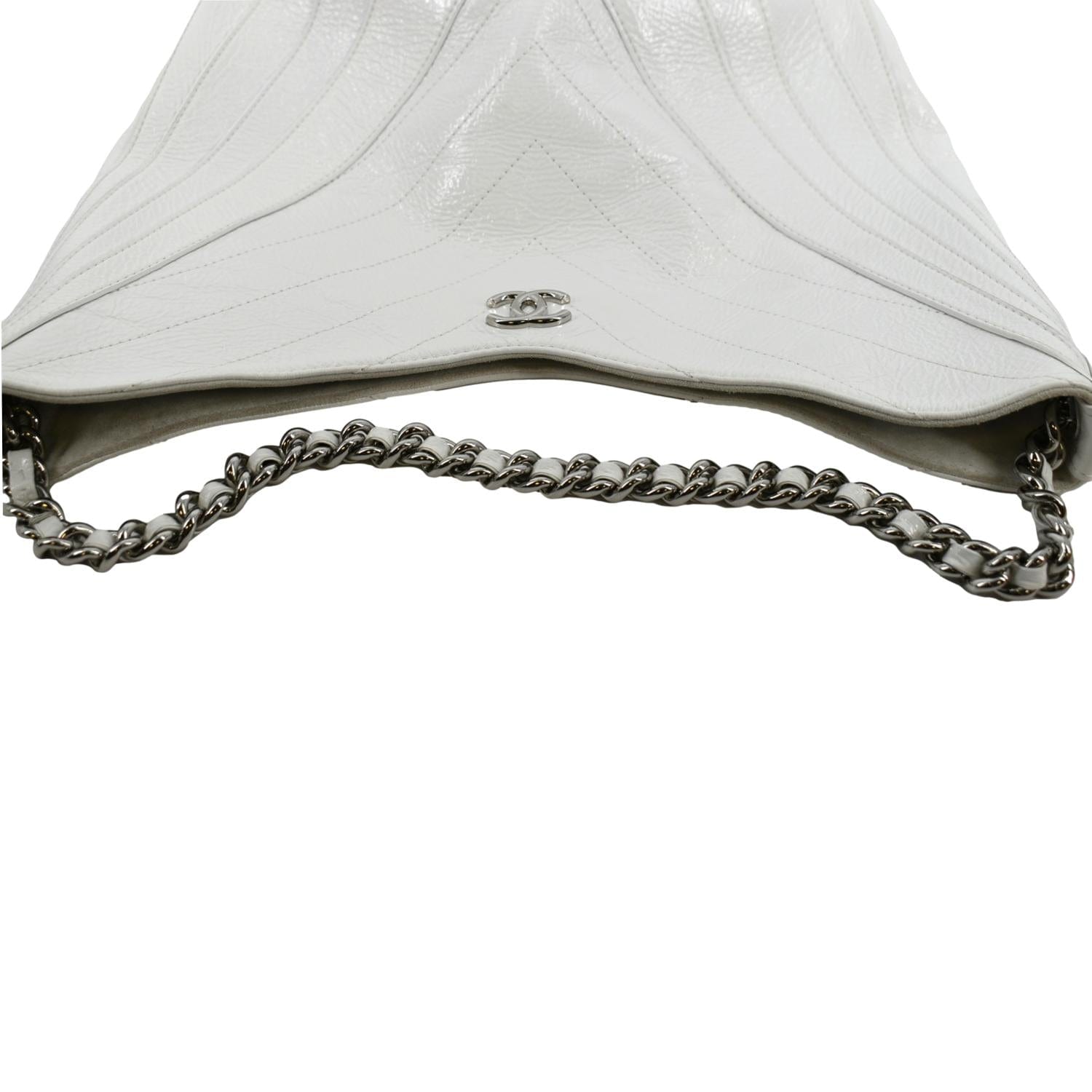 CHANEL Droplet Patent Leather Hobo Bag White
