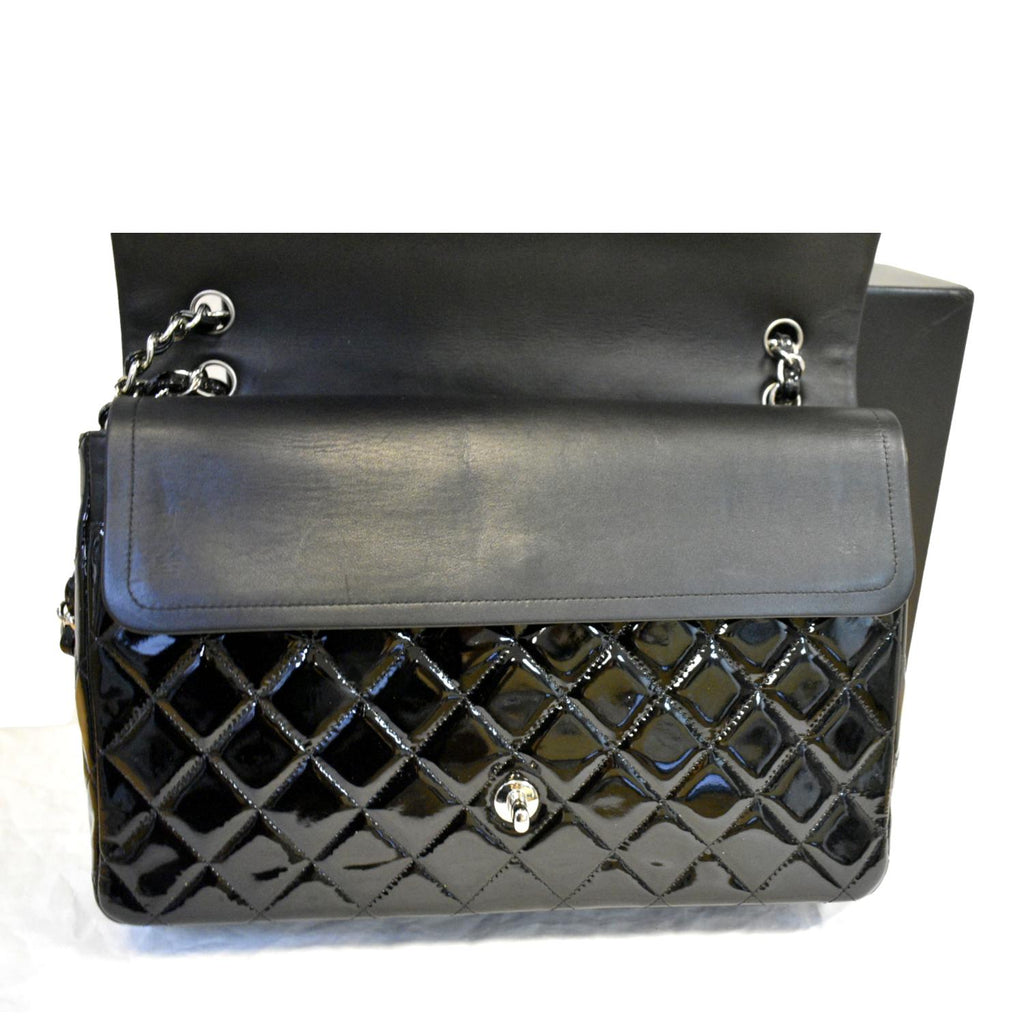 CHANEL Classic Maxi Double Flap Quilted Patent Leather Shoulder Bag Black