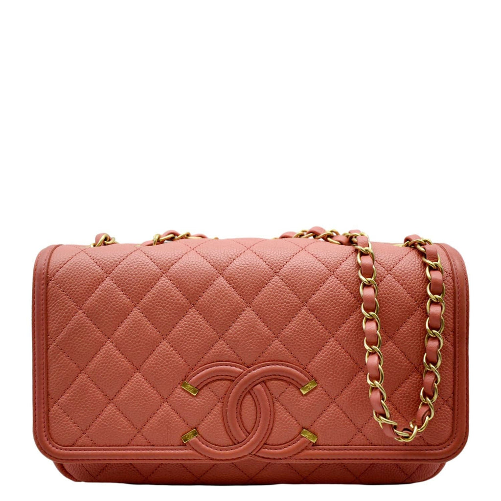 CHANEL CC Filigree Small Flap Caviar Leather Crossbody Bag Red
