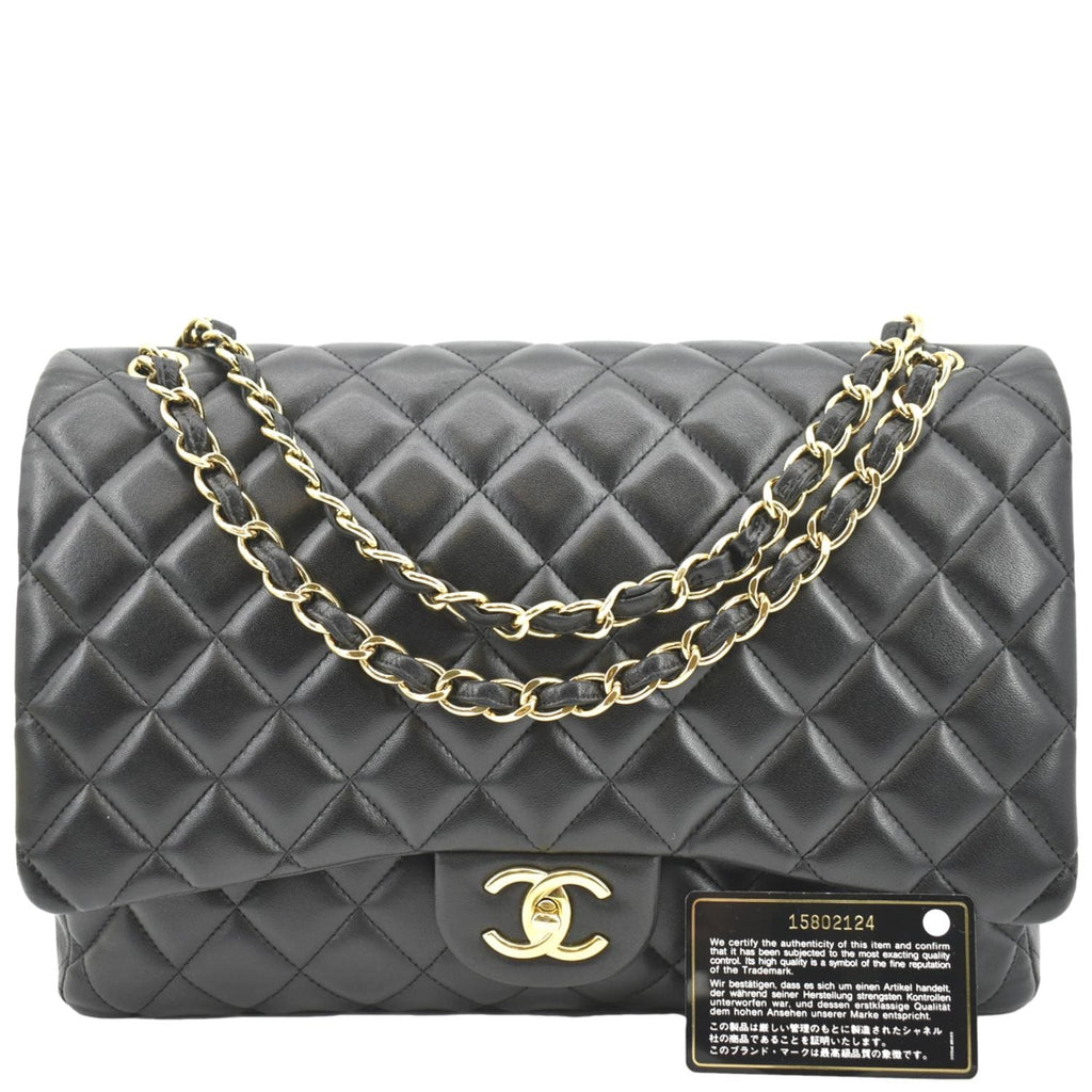 CHANEL Maxi Double Flap Lambskin Leather Shoulder Bag Black