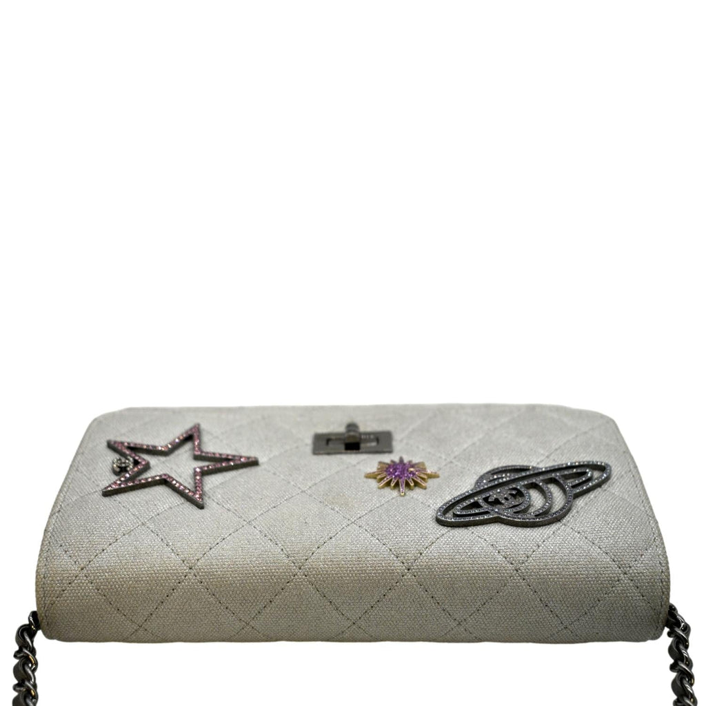 CHANEL Classic 2.55 Reissue Space Charm Quilted Canvas WOC Crossbody Bag Light Grey