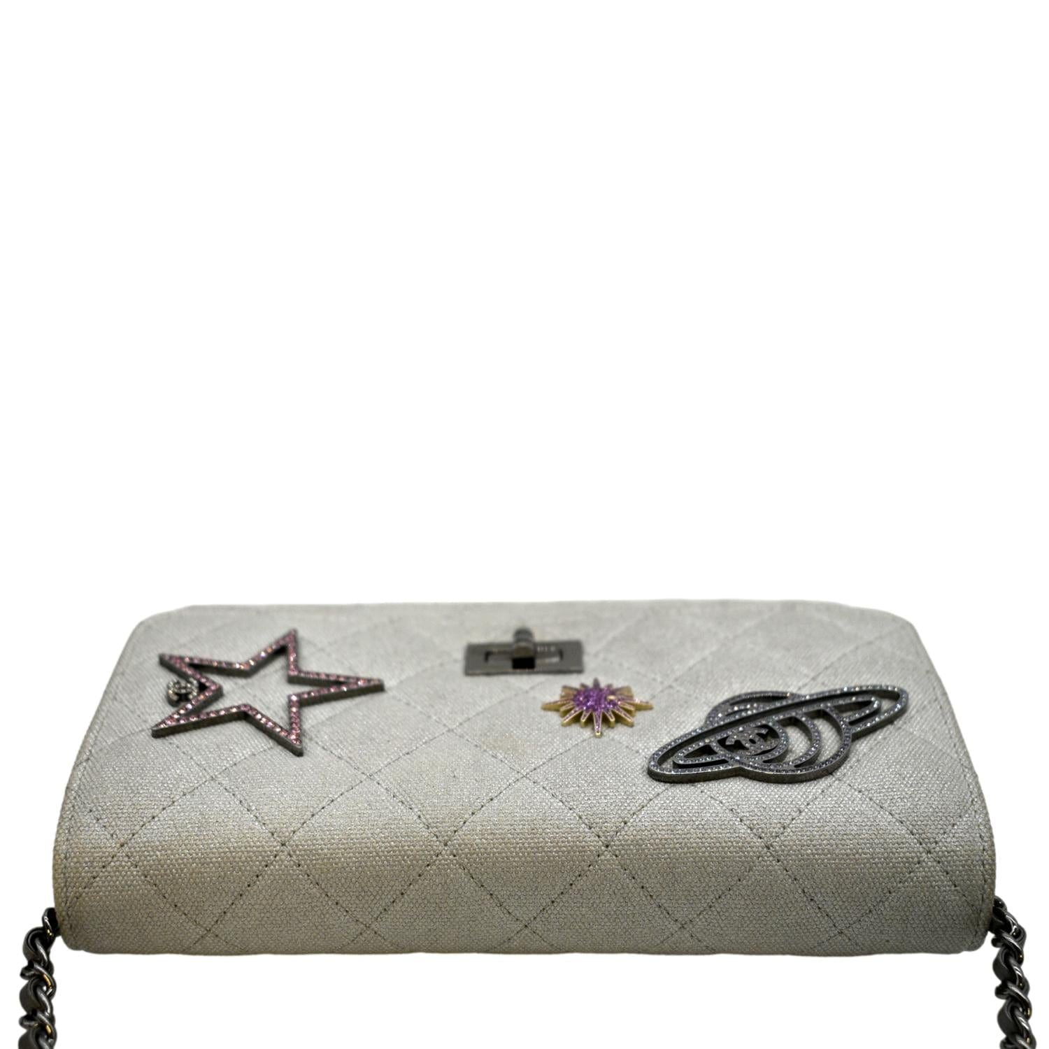 CHANEL Classic 2.55 Reissue Space Charm Quilted Canvas WOC Crossbody Bag Light Grey