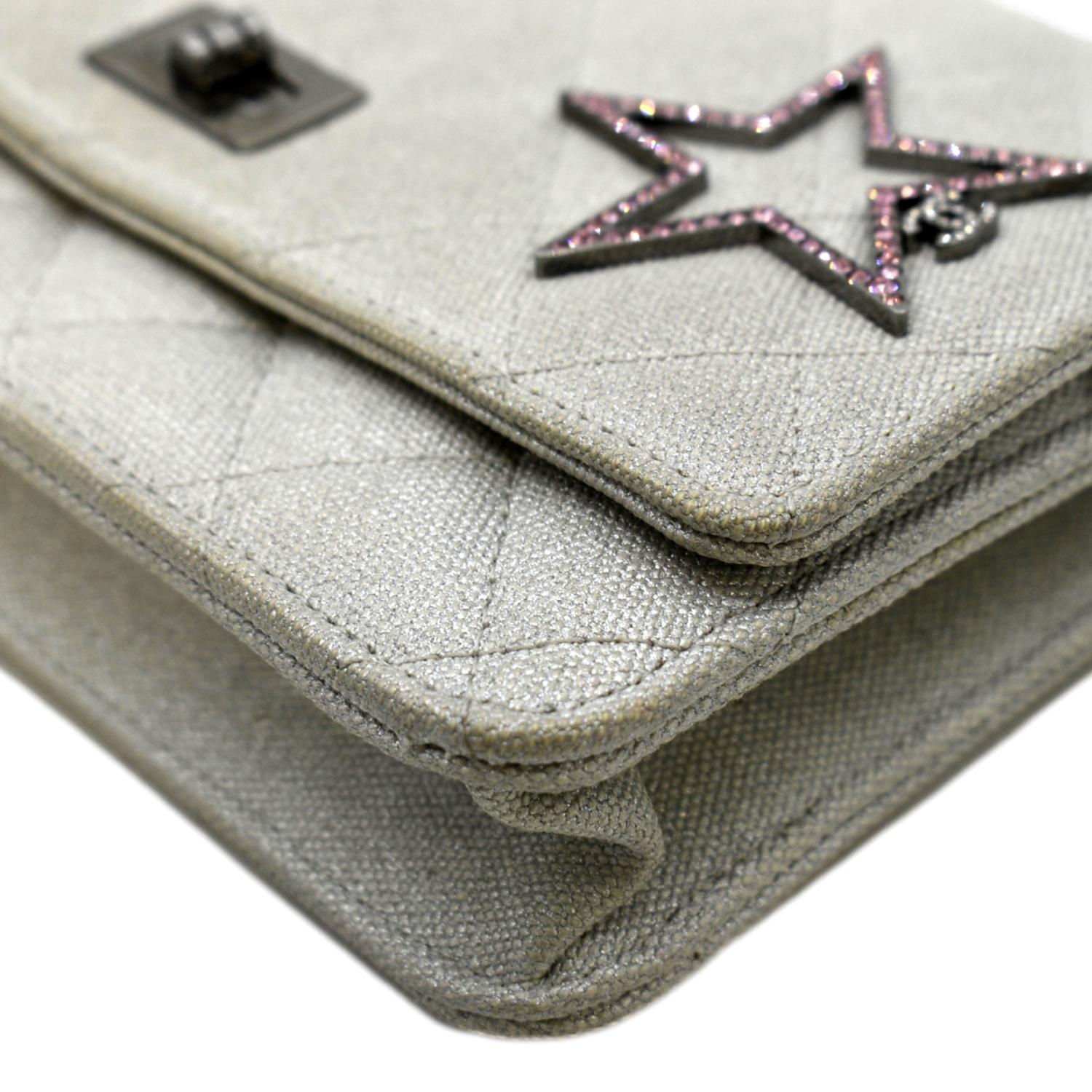 CHANEL Classic 2.55 Reissue Space Charm Quilted Canvas WOC Crossbody Bag Light Grey