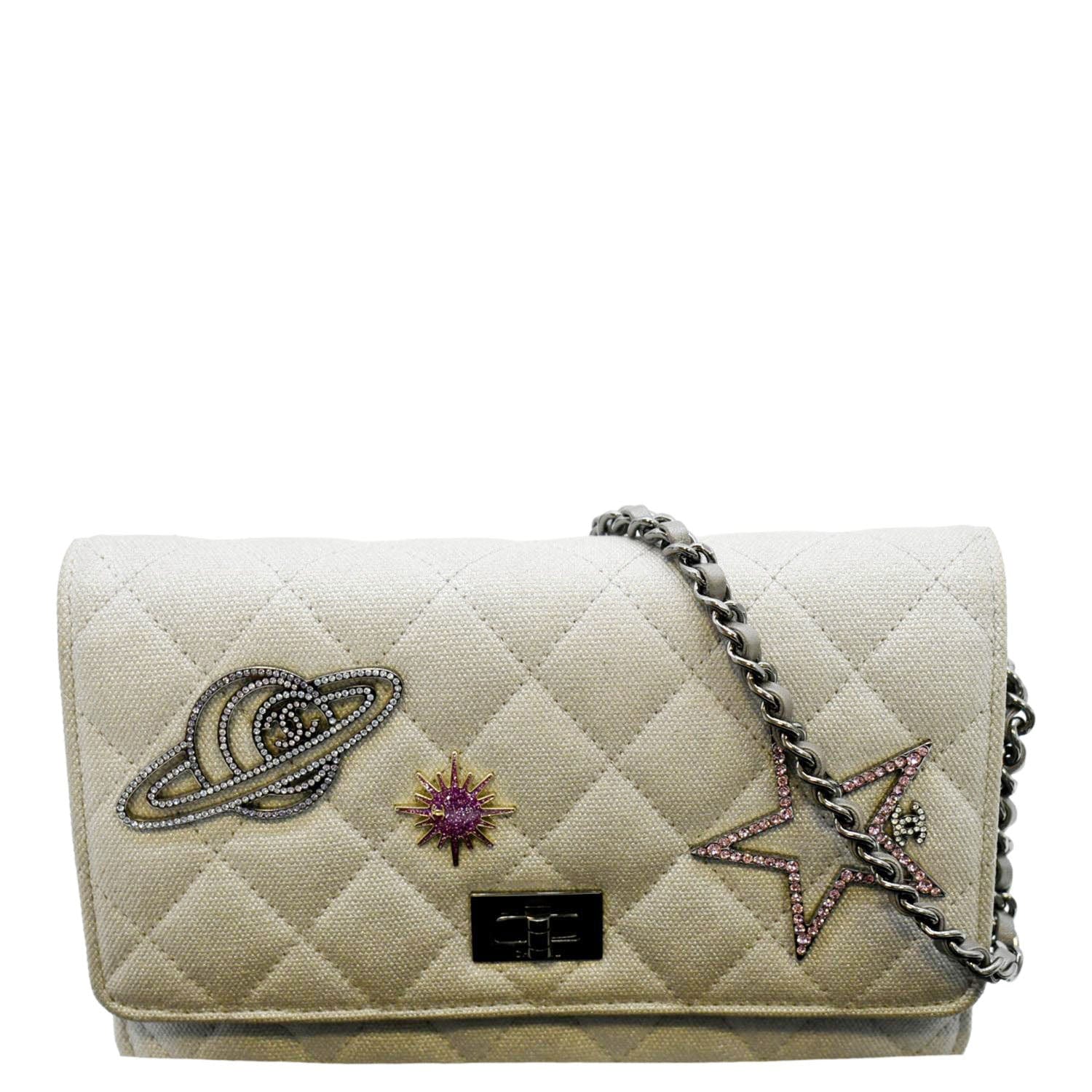 CHANEL Classic 2.55 Reissue Space Charm Quilted Canvas WOC Crossbody Bag Light Grey