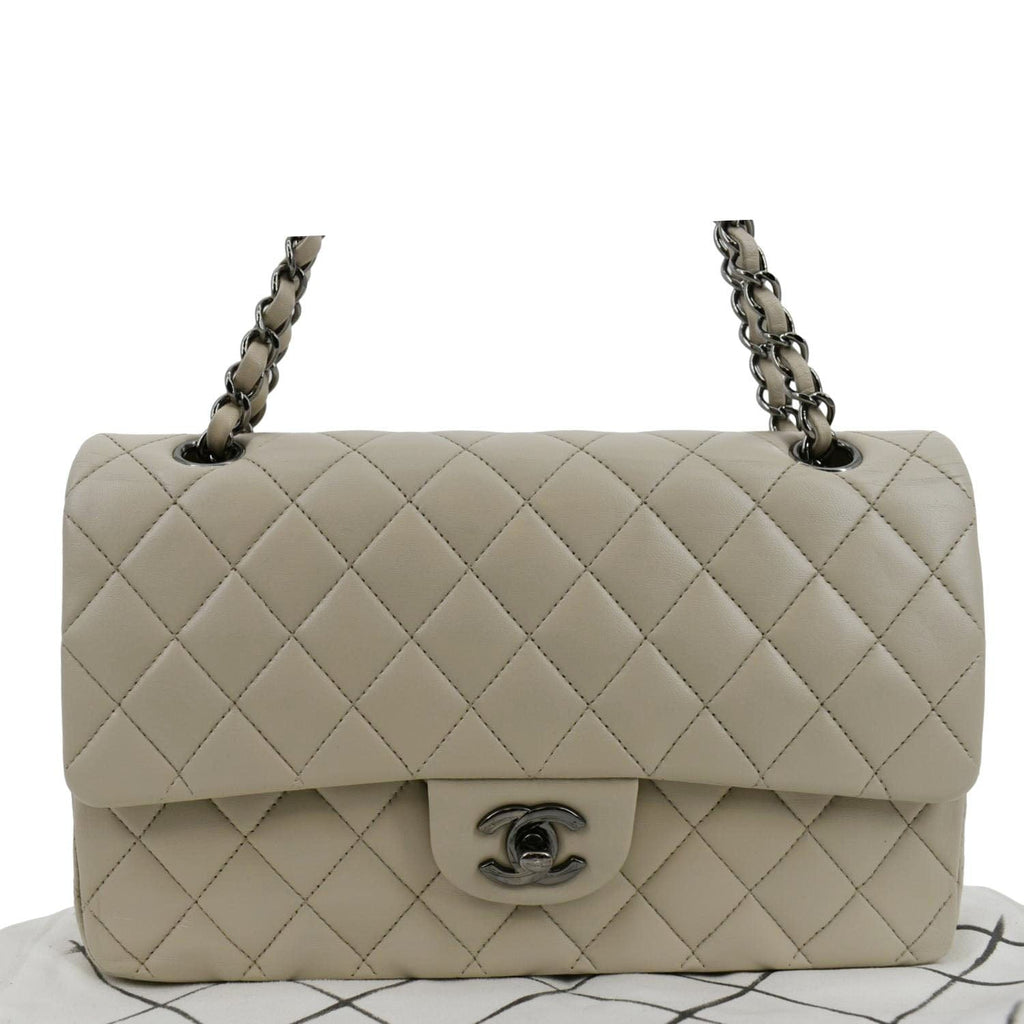 CHANEL Classic Medium Double Flap Quilted Leather Shoulder Bag Ivory