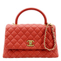 CHANEL Medium Coco Quilted Caviar Leather Top Handle Shoulder Bag Red
