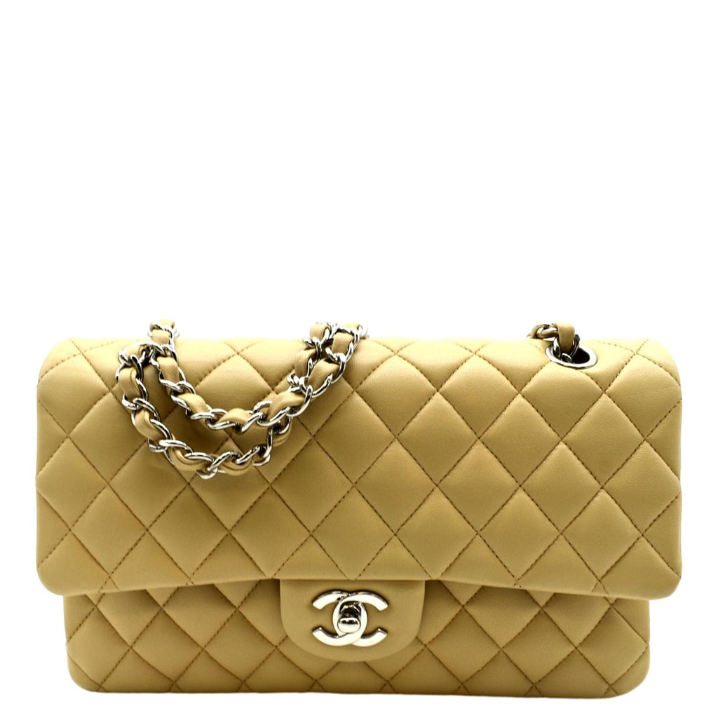 CHANEL Classic Medium Double Flap Quilted Leather Shoulder Bag Beige