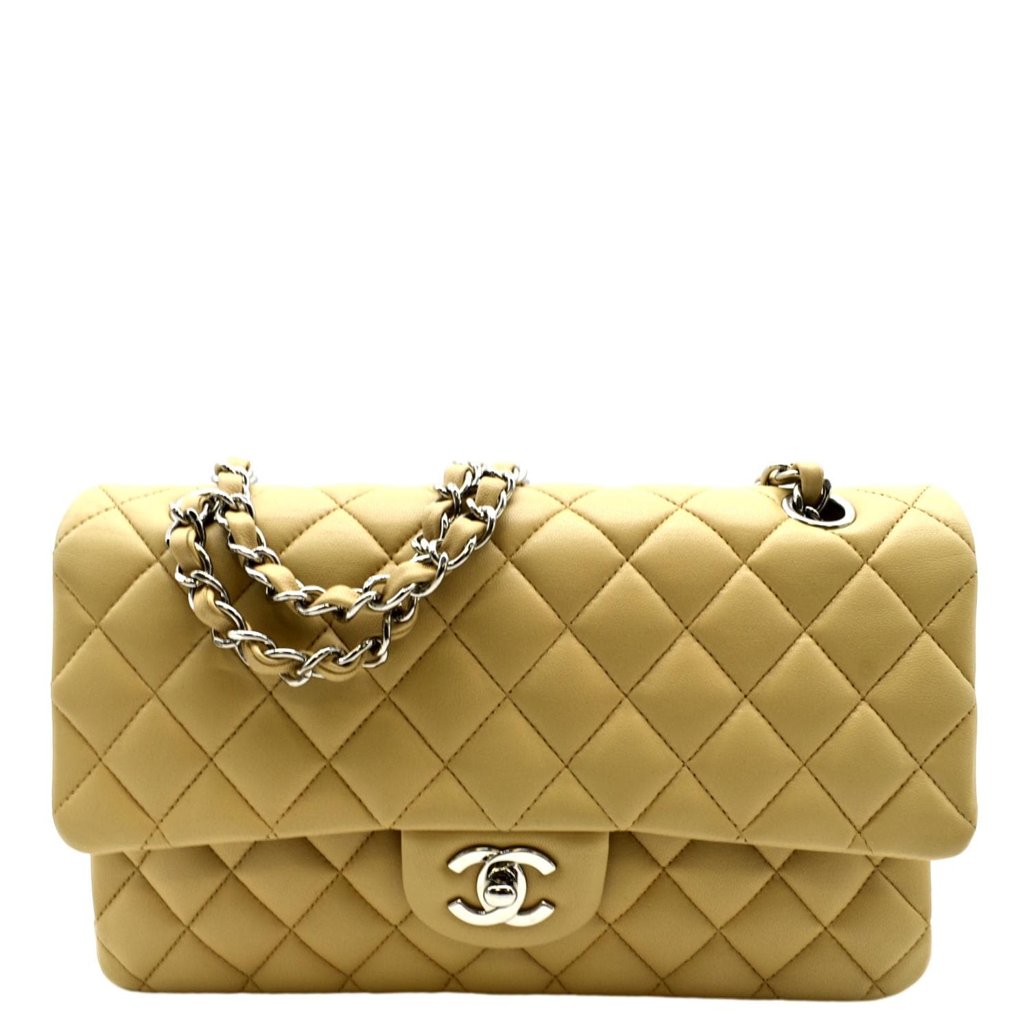 CHANEL Classic Medium Double Flap Quilted Leather Shoulder Bag Beige