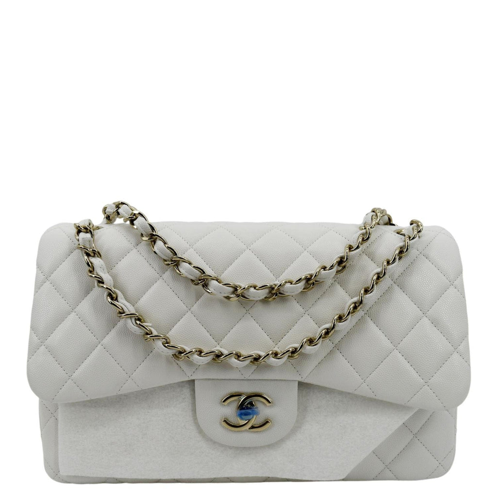 CHANEL Jumbo Double Flap Quilted Caviar Leather Shoulder Bag White