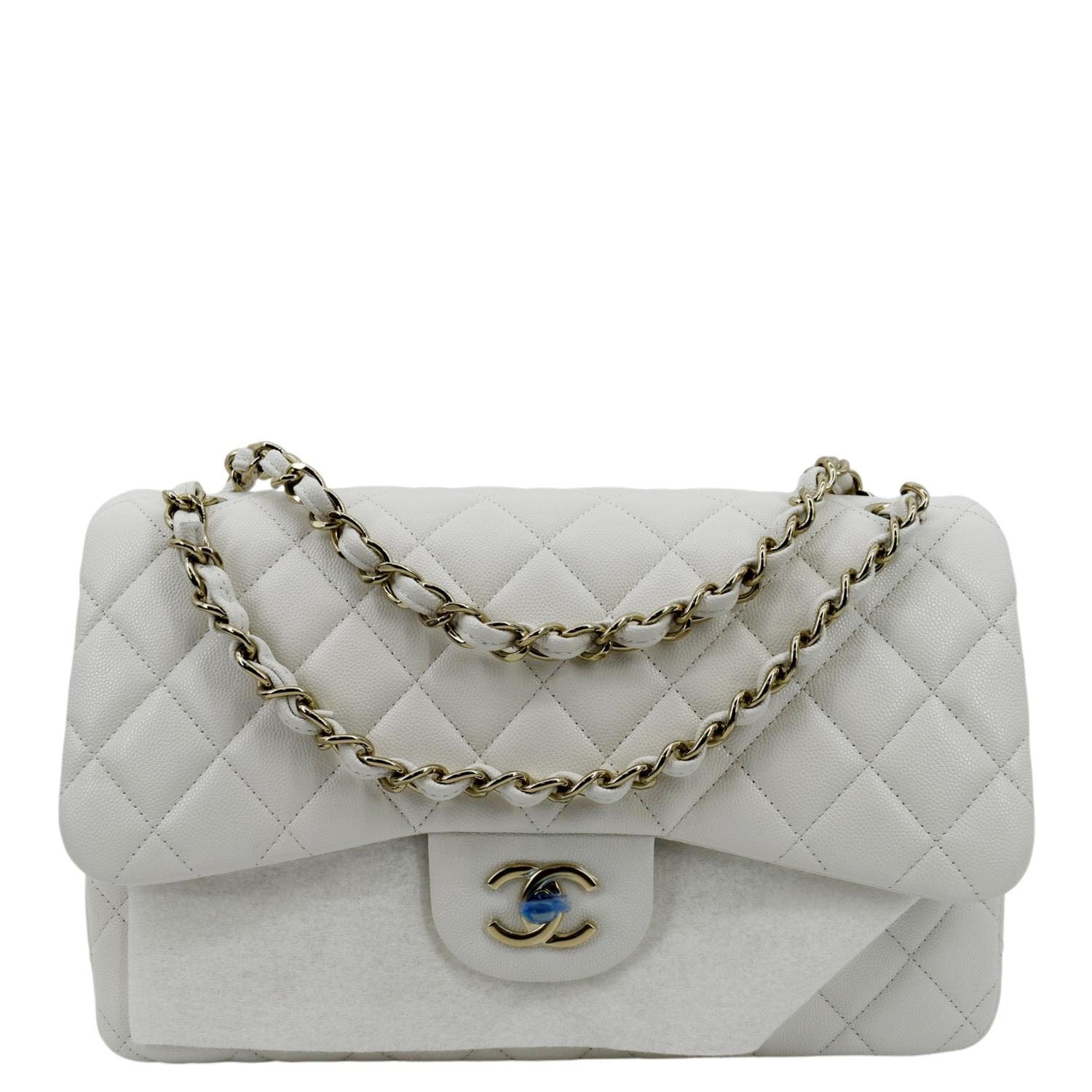 CHANEL Jumbo Double Flap Quilted Caviar Leather Shoulder Bag White