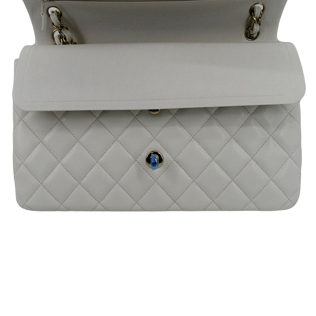 CHANEL Jumbo Double Flap Quilted Caviar Leather Shoulder Bag White