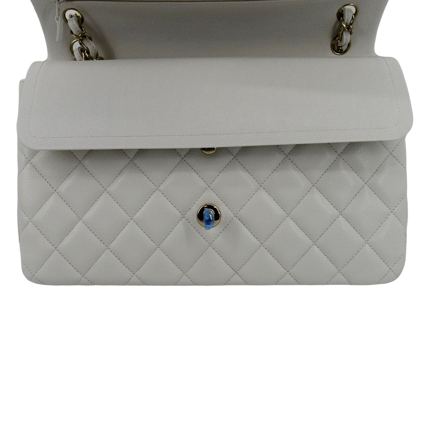 CHANEL Jumbo Double Flap Quilted Caviar Leather Shoulder Bag White