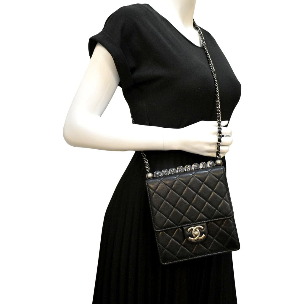 CHANEL Chic Pearls Flap Quilted Calfskin Leather Shoulder Bag Black