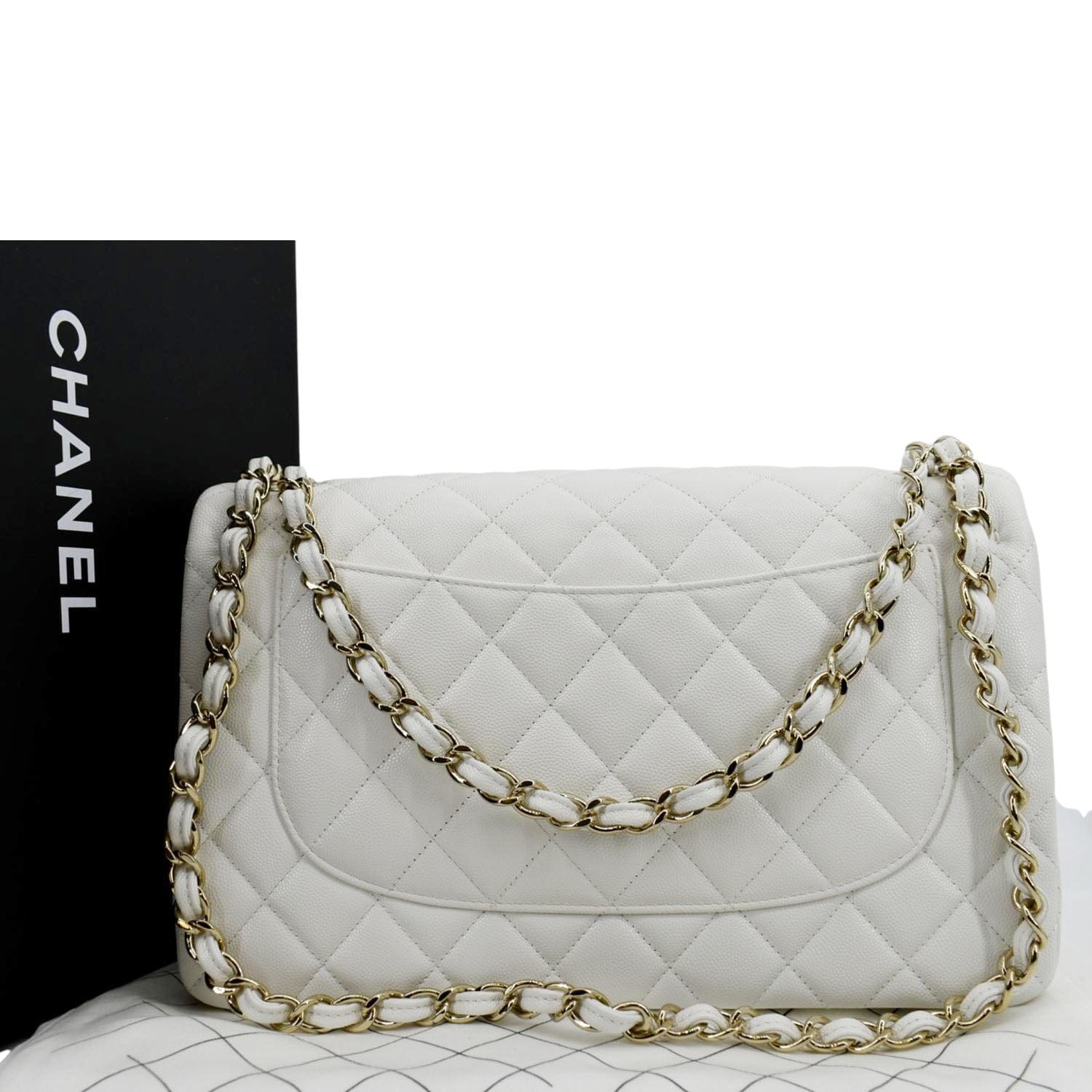 CHANEL Jumbo Double Flap Quilted Caviar Leather Shoulder Bag White