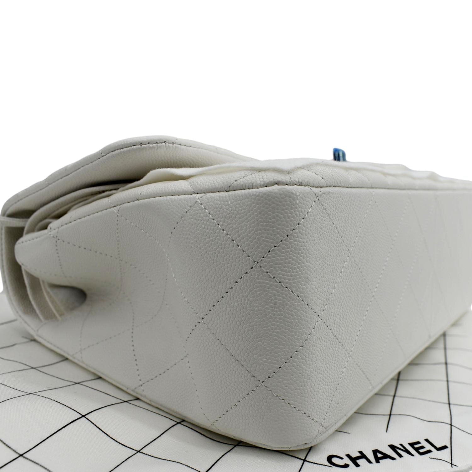 CHANEL Jumbo Double Flap Quilted Caviar Leather Shoulder Bag White
