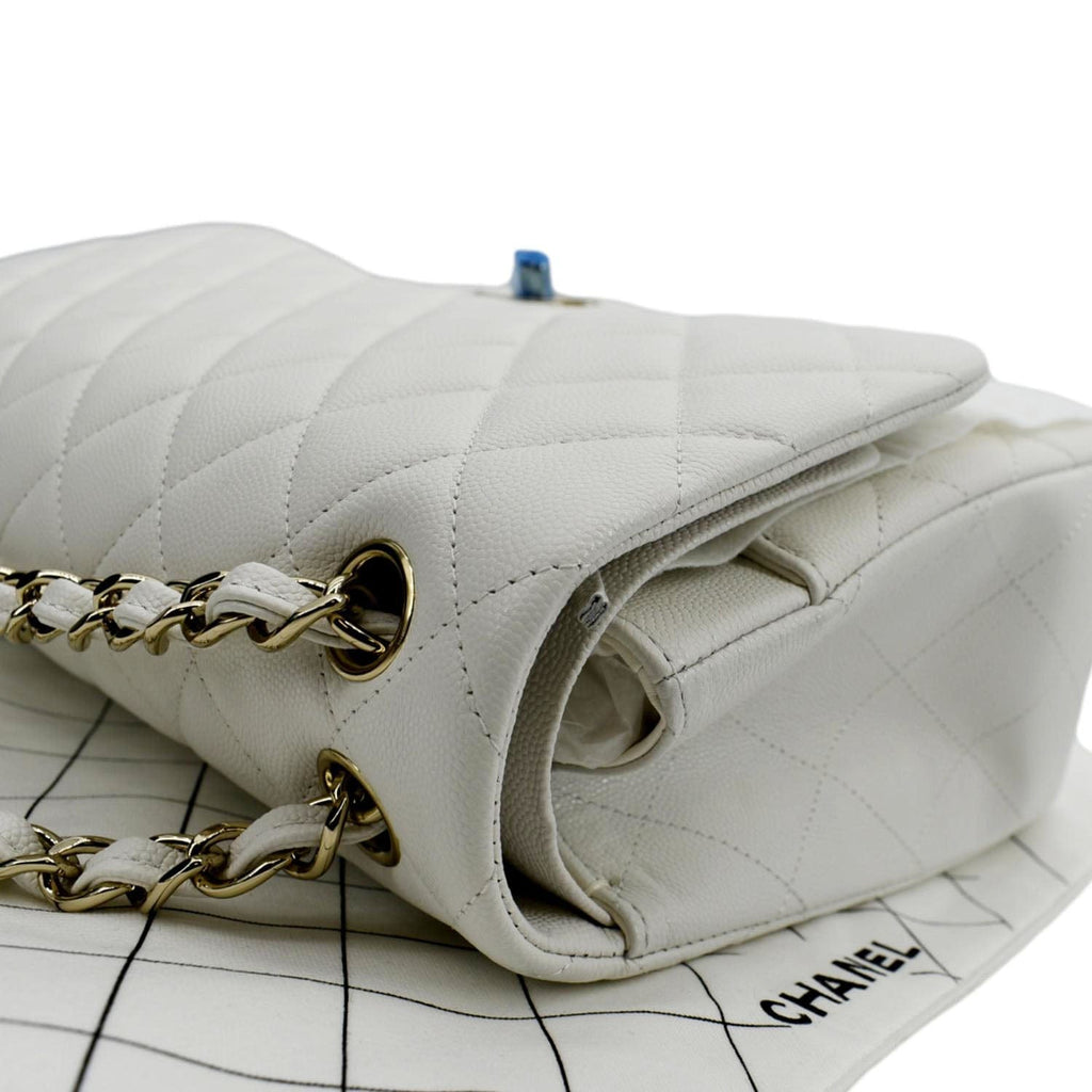 CHANEL Jumbo Double Flap Quilted Caviar Leather Shoulder Bag White