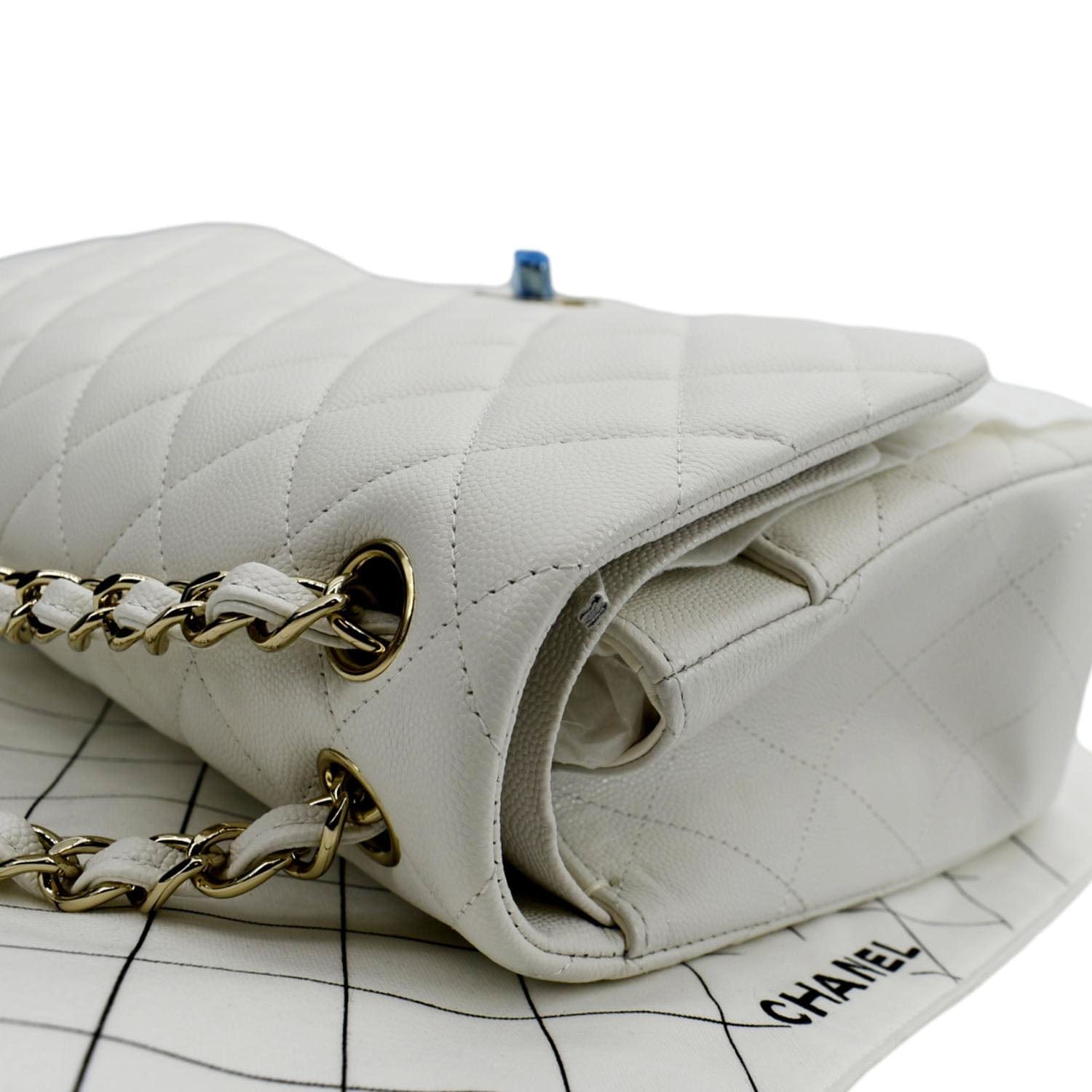 CHANEL Jumbo Double Flap Quilted Caviar Leather Shoulder Bag White