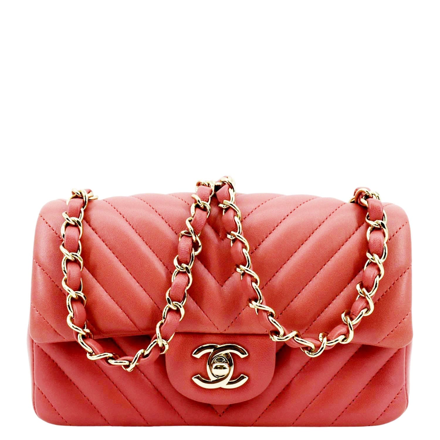 CHANEL Rectangular Flap Mini Quilted Chevron Leather Shoulder Bag Red