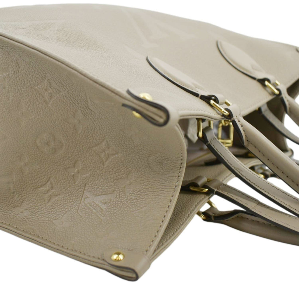 LOUIS VUITTON Onthego MM Giant Monogram Empreinte Leather Tote Shoulder Bag Tourterelle Beige