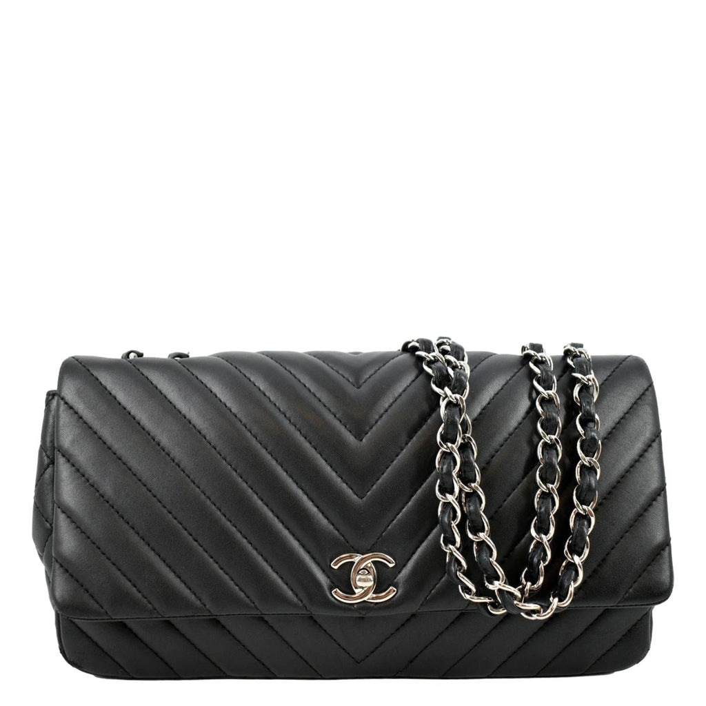 CHANEL Surpique Chevron Medium Lambskin Leather Flap Crossbody Bag Black