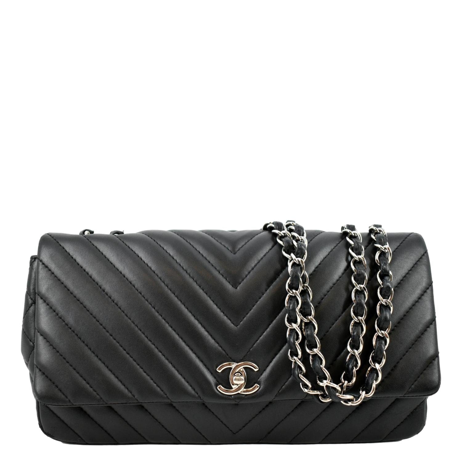 CHANEL Surpique Chevron Medium Lambskin Leather Flap Crossbody Bag Black