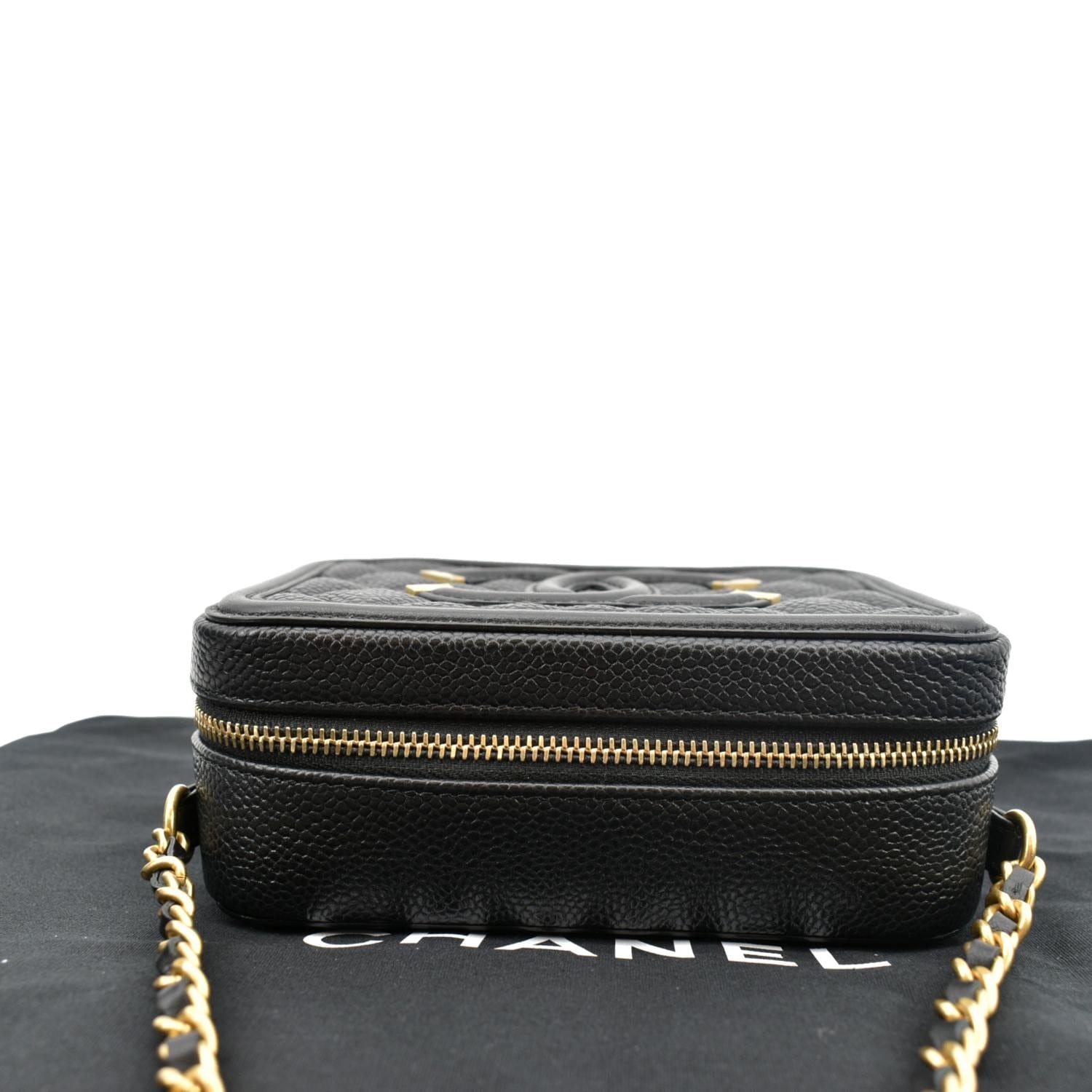 CHANEL CC Filigree Vanity Quilted Caviar Leather Clutch Shoulder Bag Black