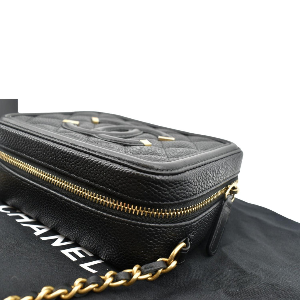 CHANEL CC Filigree Vanity Quilted Caviar Leather Clutch Shoulder Bag Black