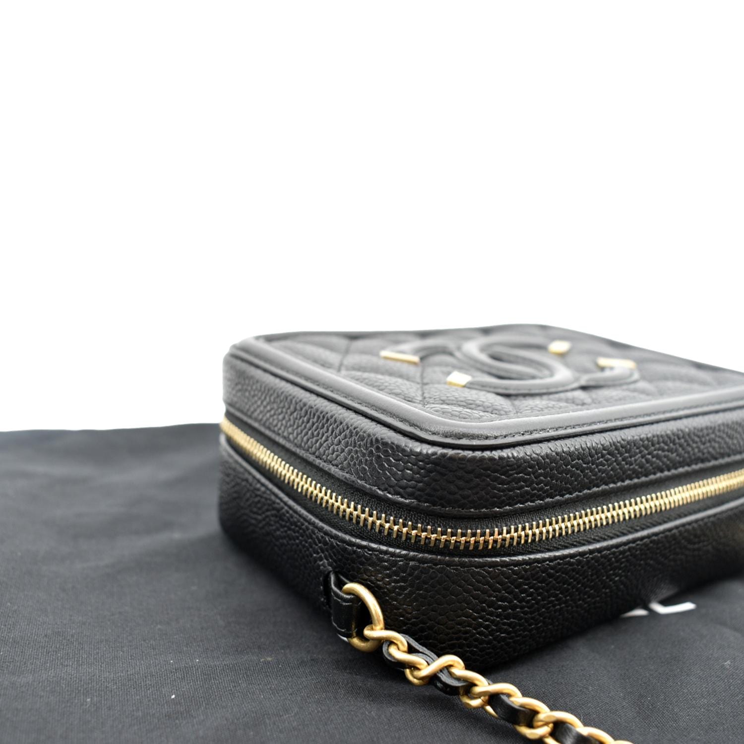 CHANEL CC Filigree Vanity Quilted Caviar Leather Clutch Shoulder Bag Black