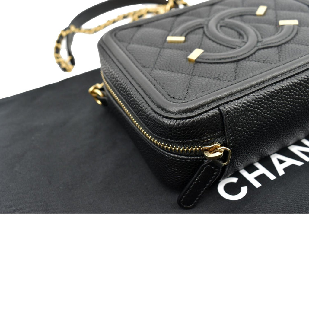 CHANEL CC Filigree Vanity Quilted Caviar Leather Clutch Shoulder Bag Black