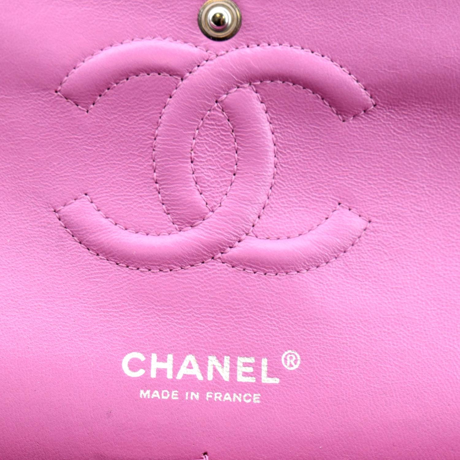 CHANEL Classic Medium Double Flap Quilted Leather Shoulder Bag Neon Pink