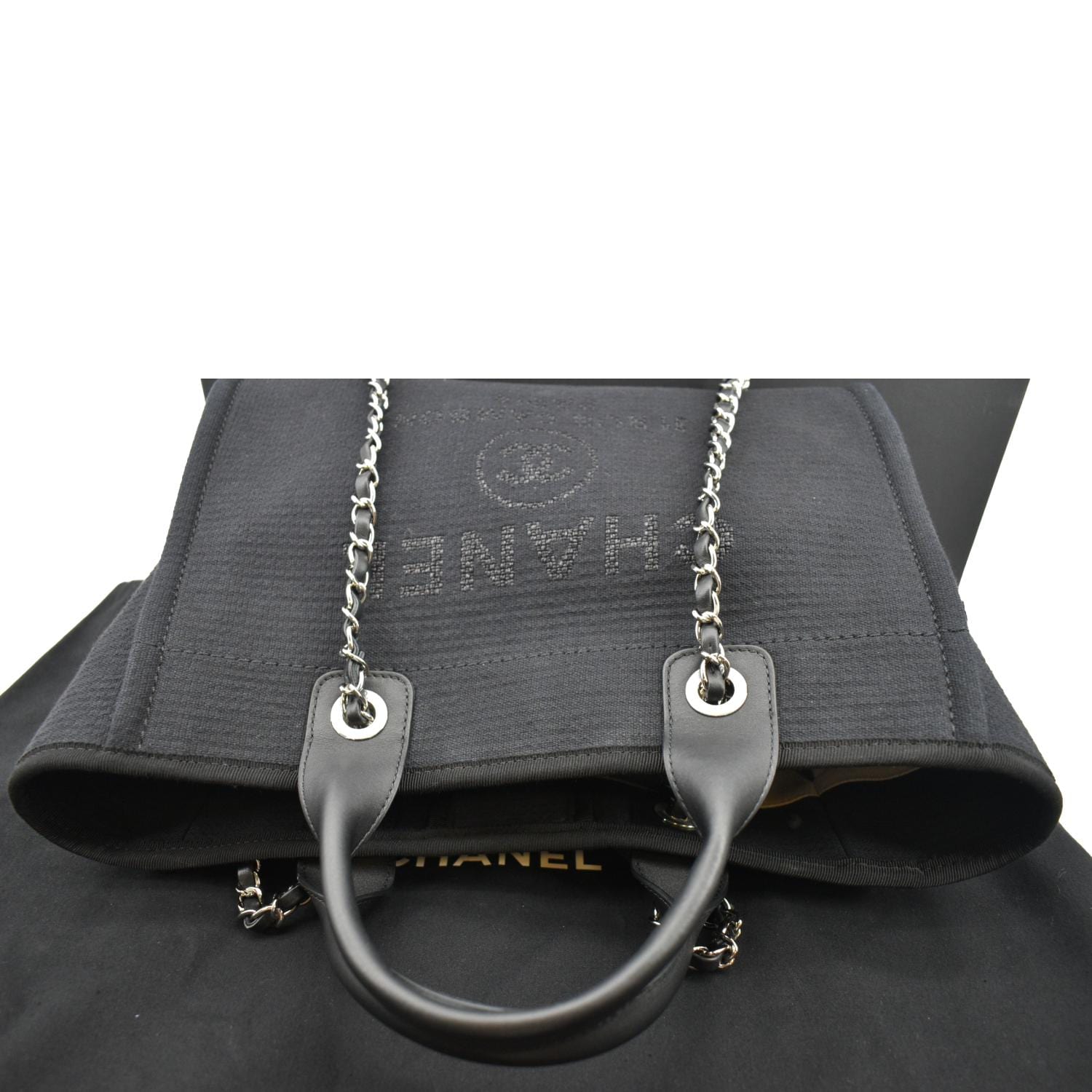 CHANEL Deauville Small Canvas Leather Tote Bag Dark Blue