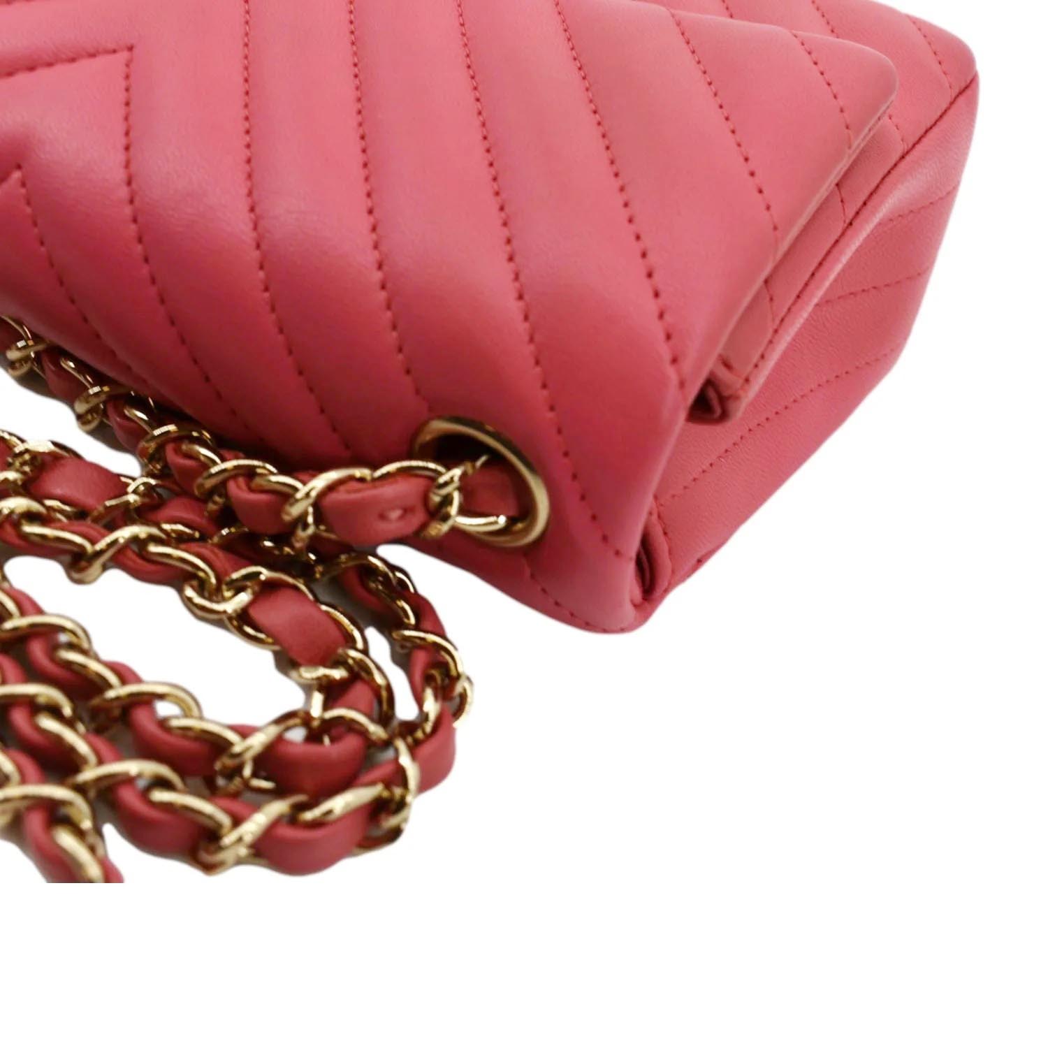 CHANEL Timeless Classic Square Flap Chevron Calfskin Leather Crossbody Bag Pink