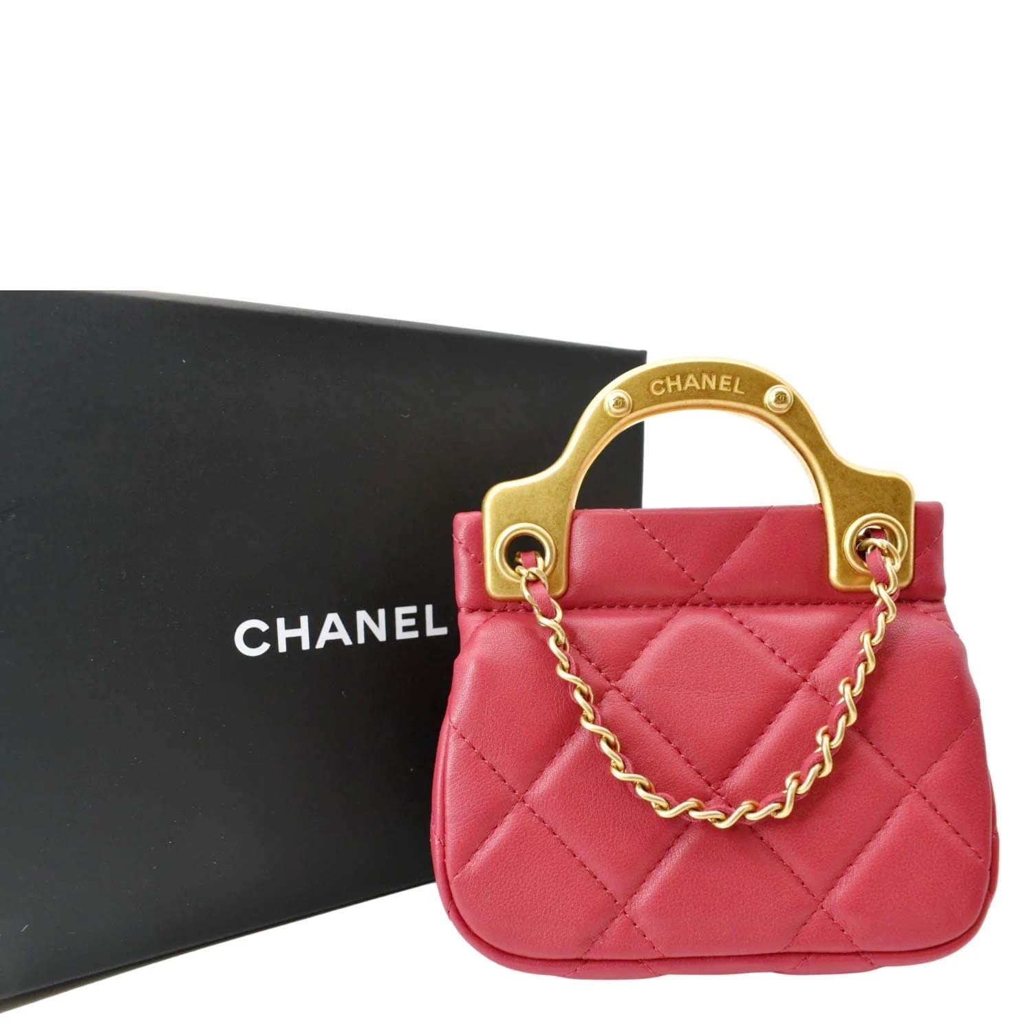 CHANEL Women Top Handle Flap Card Holder Quilted Leather Chain Shoulder Bag Red
