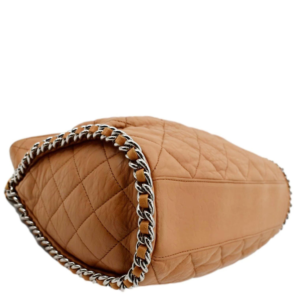 CHANEL Chain Around Quilted Lambskin Leather Hobo Bag Beige