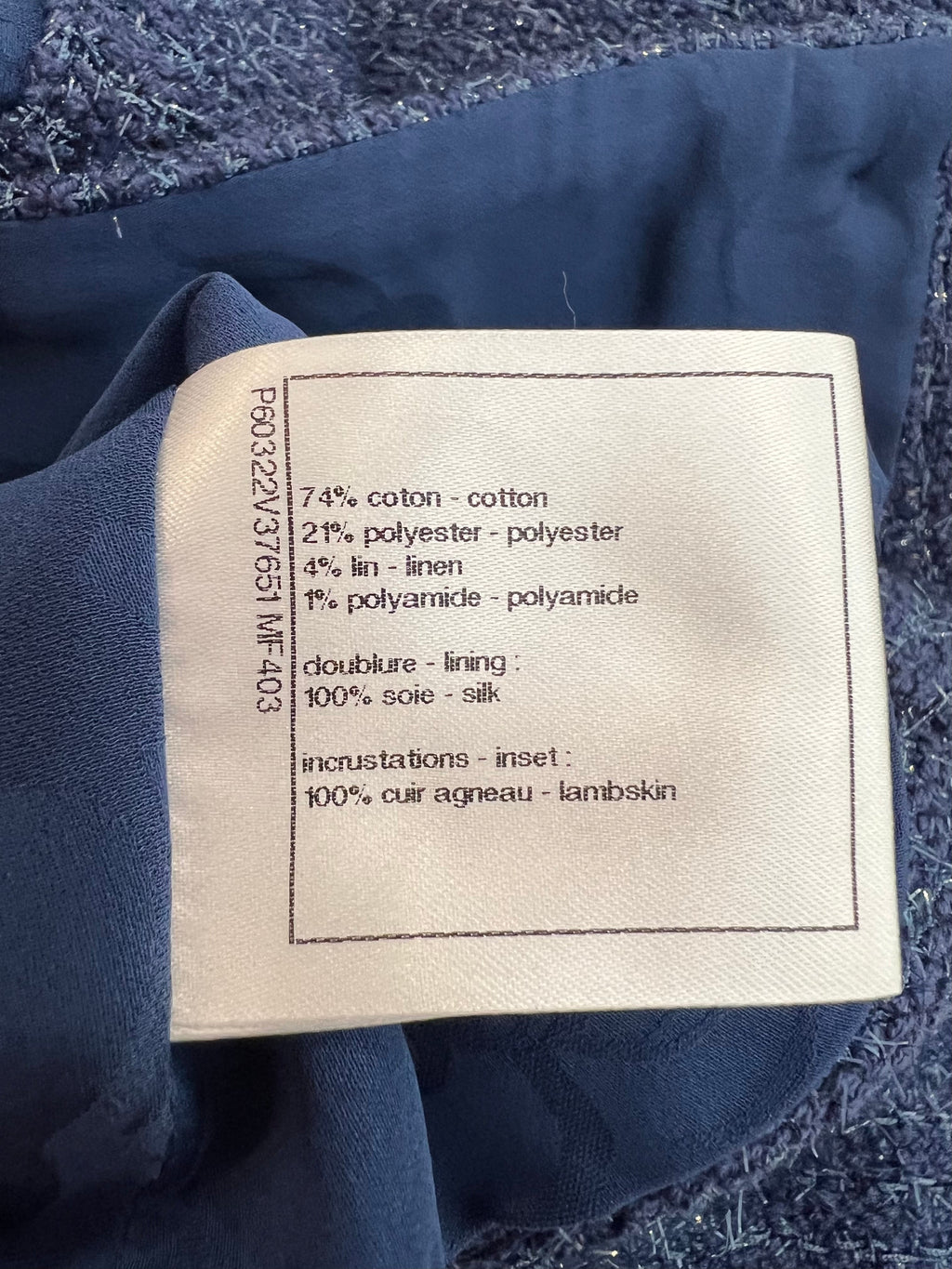 Chanel Cruise 2019 Blue Tweed Cropped Jacket and Trousers Set with CC Logo Buttons and Black Leather Trims Size FR 36/38 (UK 8/10)