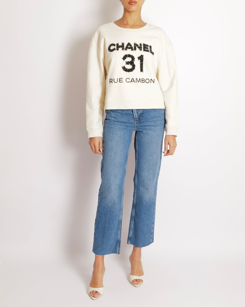 Chanel Pre-Fall 2020 Beige 31 Rue Cambon Sweater with Black Floral Appliqué Logo Size L (UK 12)