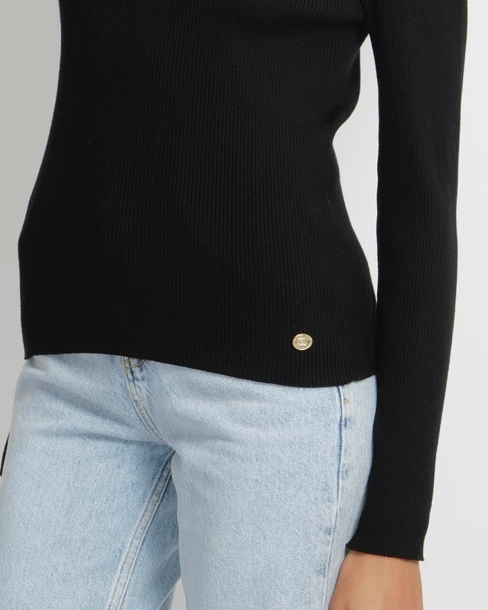 Chanel Black Wool Ribbed High-Neck Jumper with CC Logo Embroidery and Champagne Gold CC Logo Button Detail Size FR 40 (UK 12)