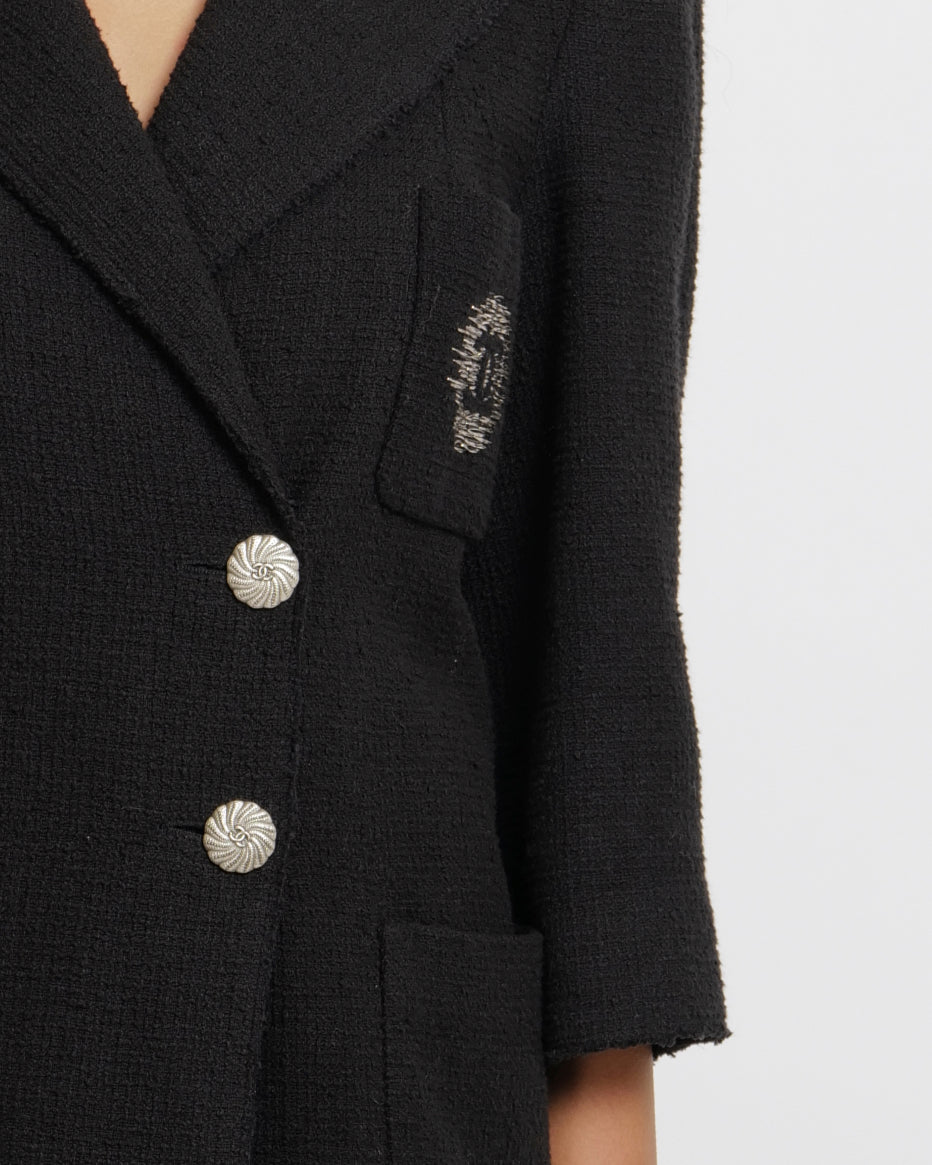 Chanel 12P Black Tweed Double-Breasted Jacket with Silver Front Pocket Patch CC Logo Embroidery and Silver Textured CC Logo Buttons Size FR 38 (UK 10)