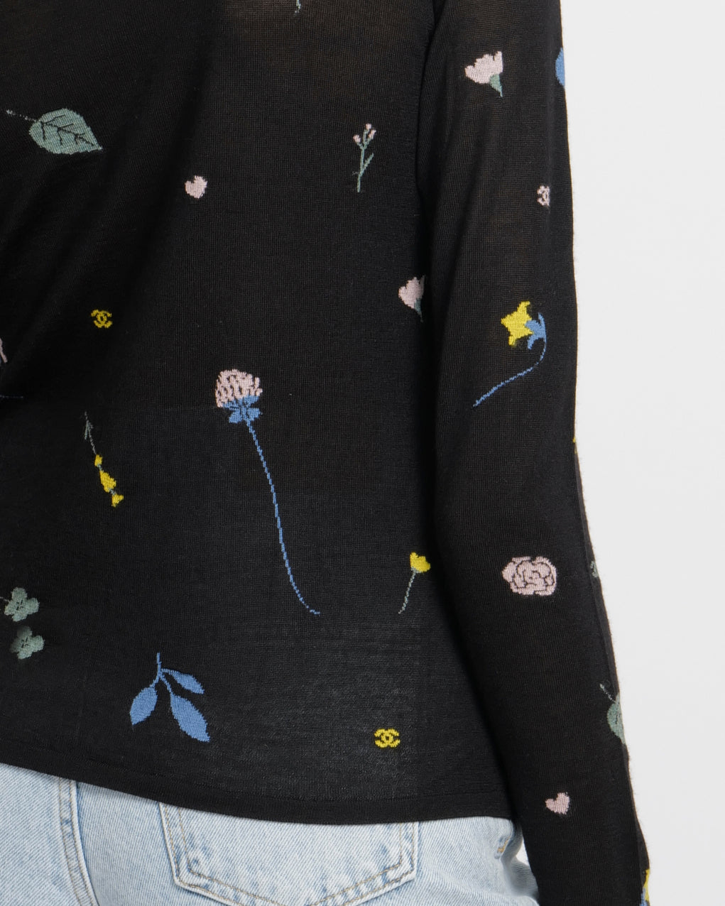 Chanel 18B  Black Cashmere High-Neck Jumper with Multi-Colour Floral and CC Logo Embroideries with Black and Silver CC Logo Button Detail Size FR 34 (UK 6)