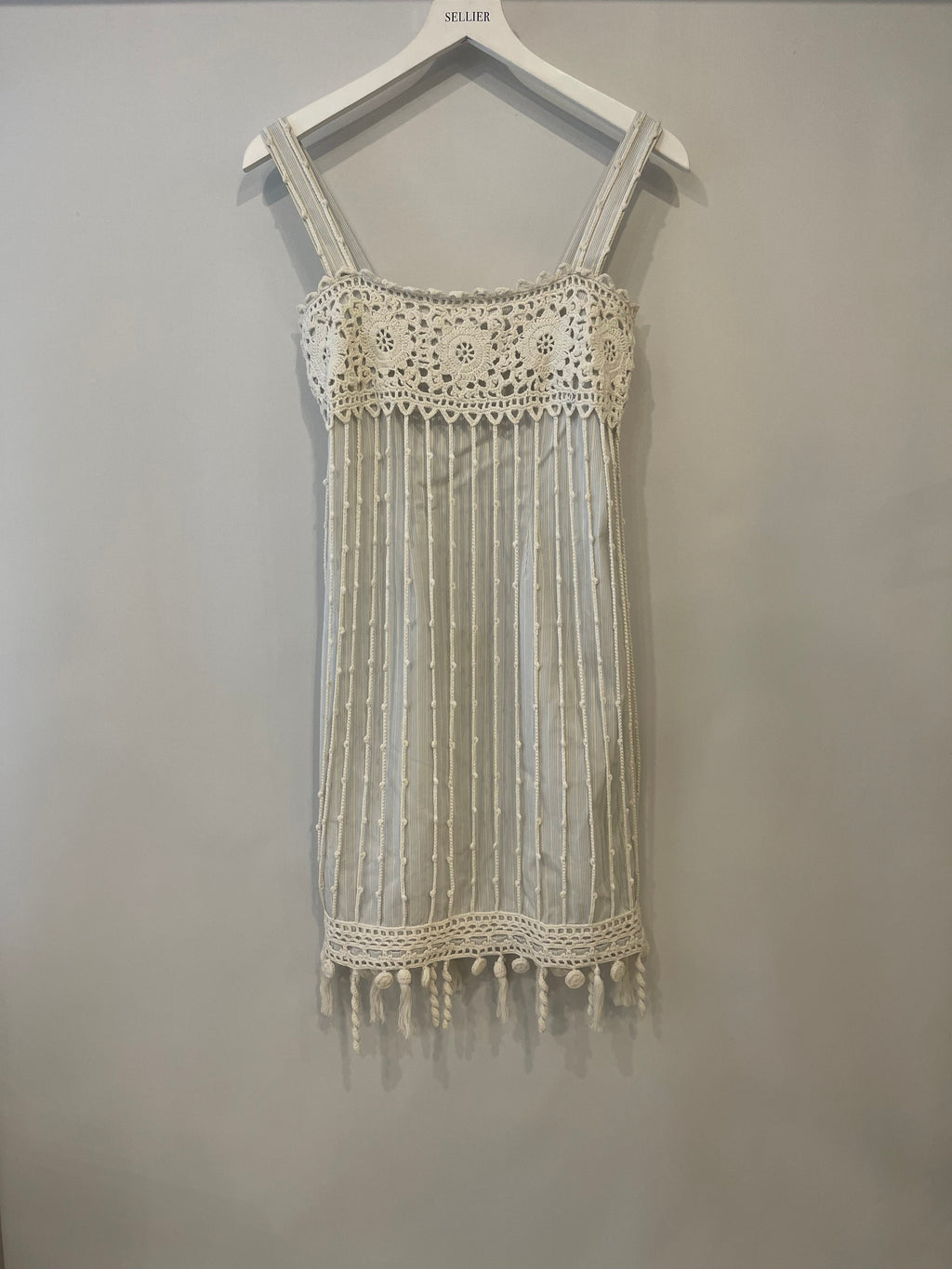 Chanel Spring 2005 Light Blue Striped Mini Dress with White Crochet Detailings Size FR 36 (UK 8)