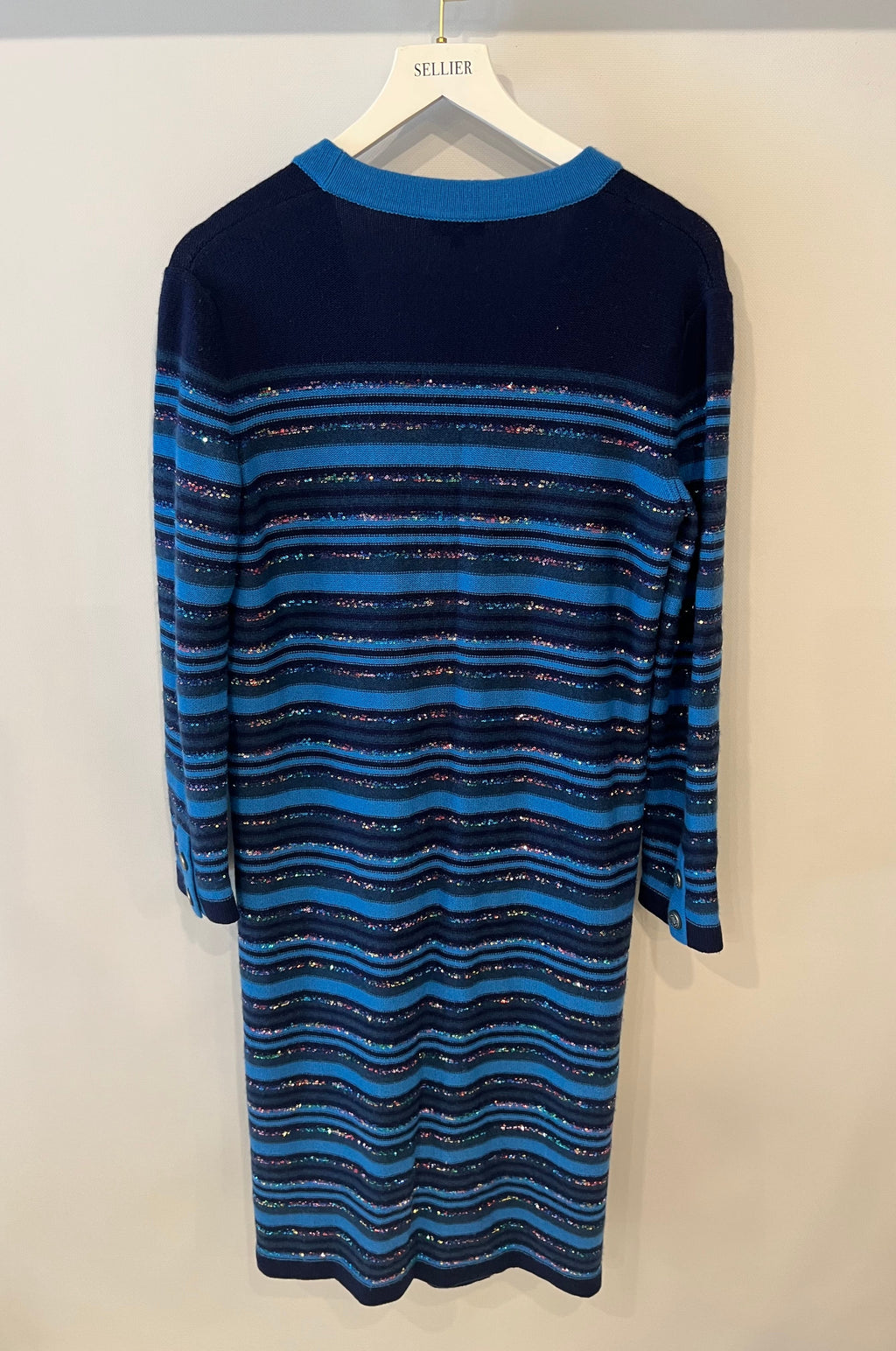 Chanel 20C Blue and Navy Cashmere Striped Long Cardigan with Multicolour Sequins Detail and Silver Camellia CC Buttons Size FR 36 (UK 8)