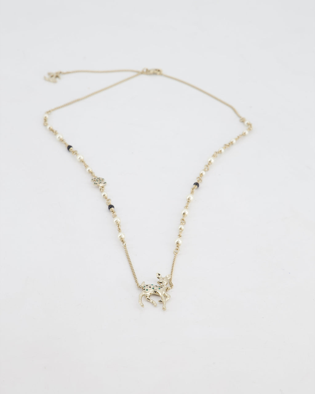 Chanel Champagne Gold CC Pearl Necklace with Bambi Pendant