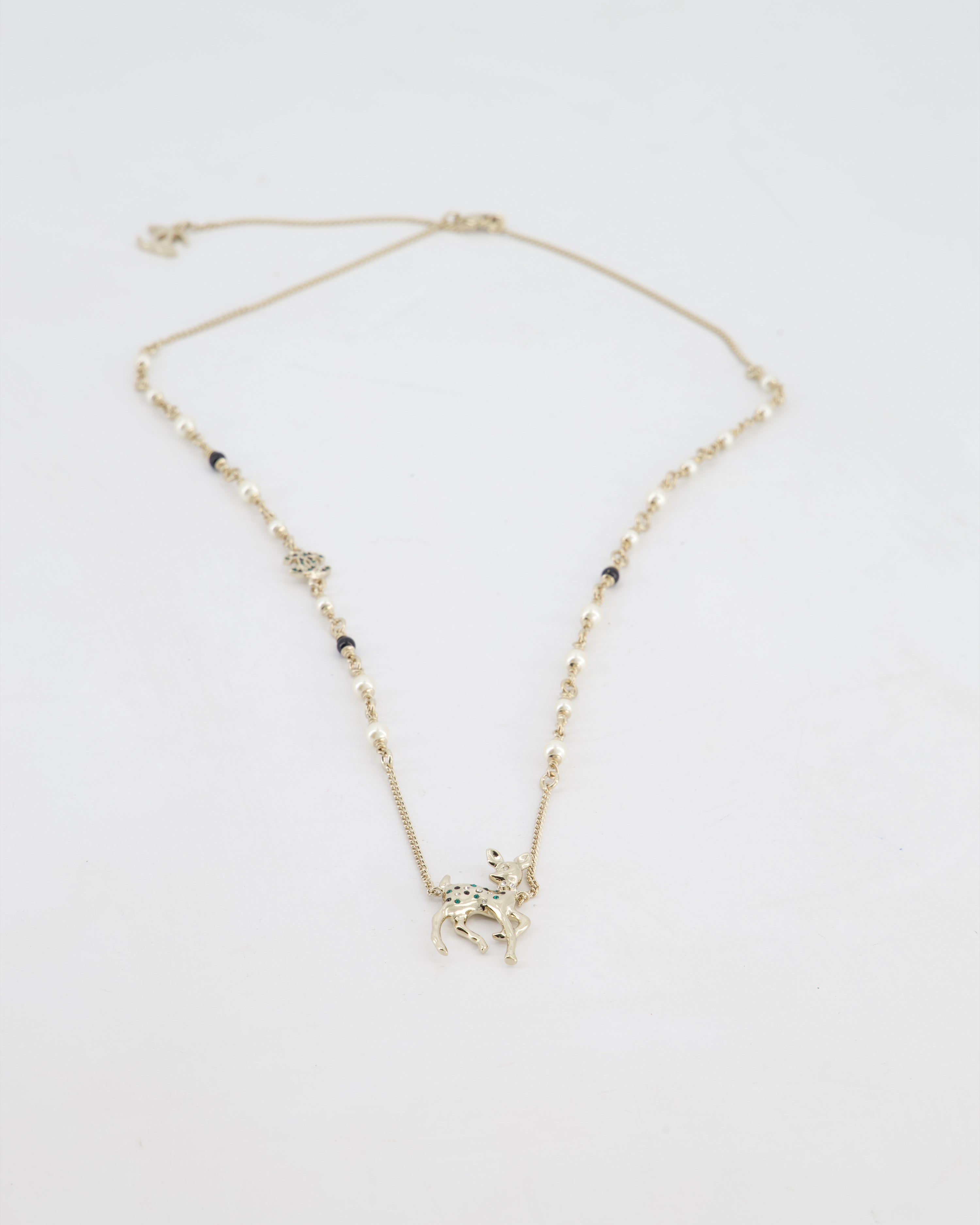 Chanel Champagne Gold CC Pearl Necklace with Bambi Pendant