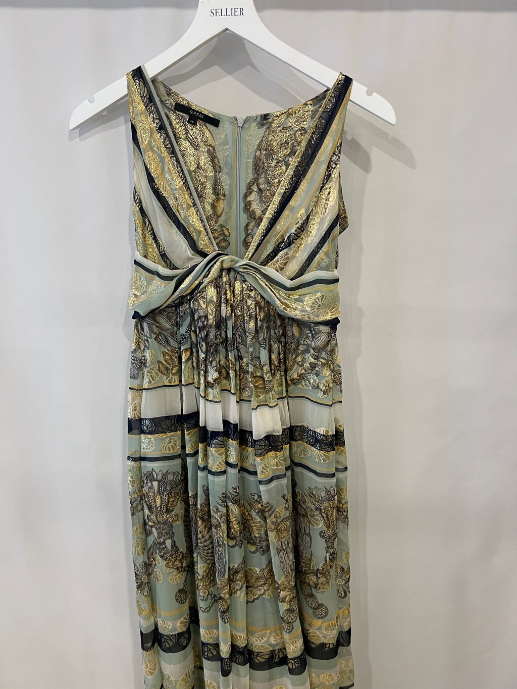 Gucci Pastel Green Printed Long Silk Dress with Gold Embellishments Size IT 38 (UK 6)