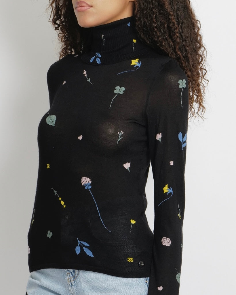 Chanel 18B  Black Cashmere High-Neck Jumper with Multi-Colour Floral and CC Logo Embroideries with Black and Silver CC Logo Button Detail Size FR 34 (UK 6)