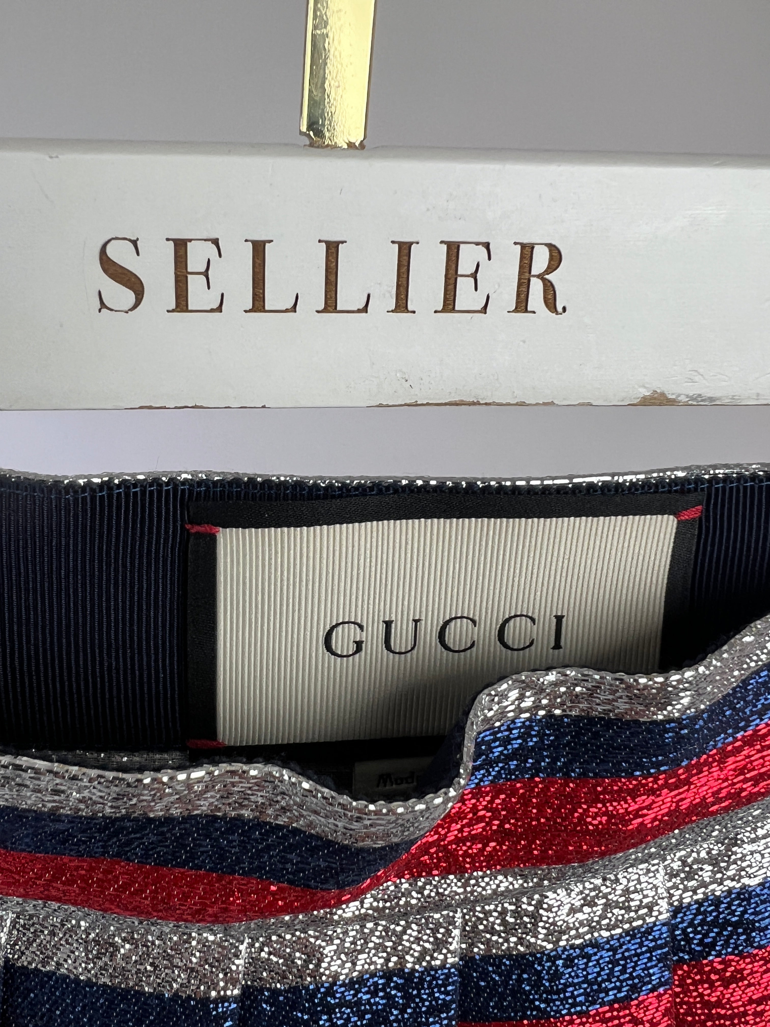 Gucci Metallic Red, Navy, Silver Stripe Pleated Midi Skirt Size IT 42 (UK 10)